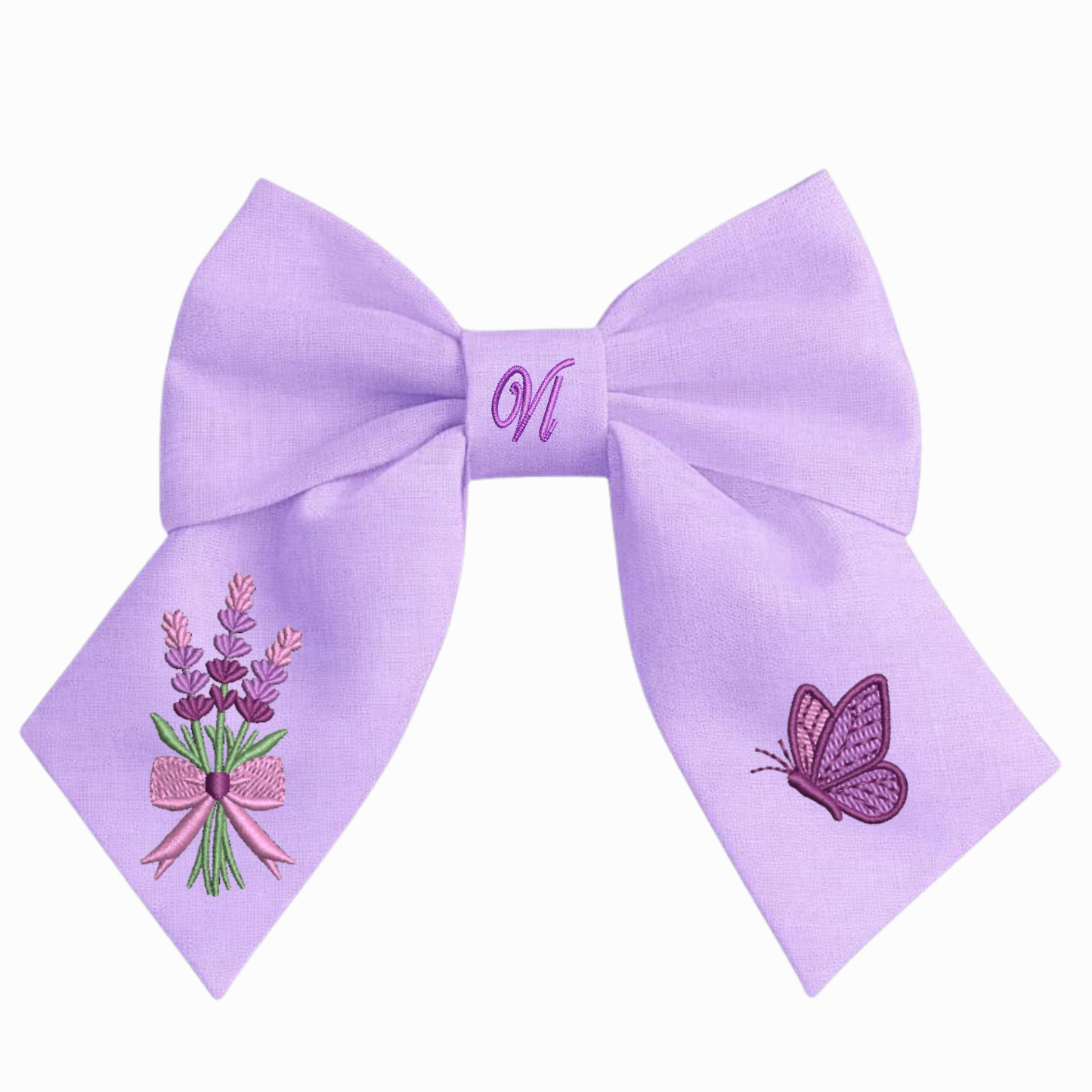 Fiocco per capelli in lino con ricamo lavanda – Fiocco fatto a mano per bambina, elegante