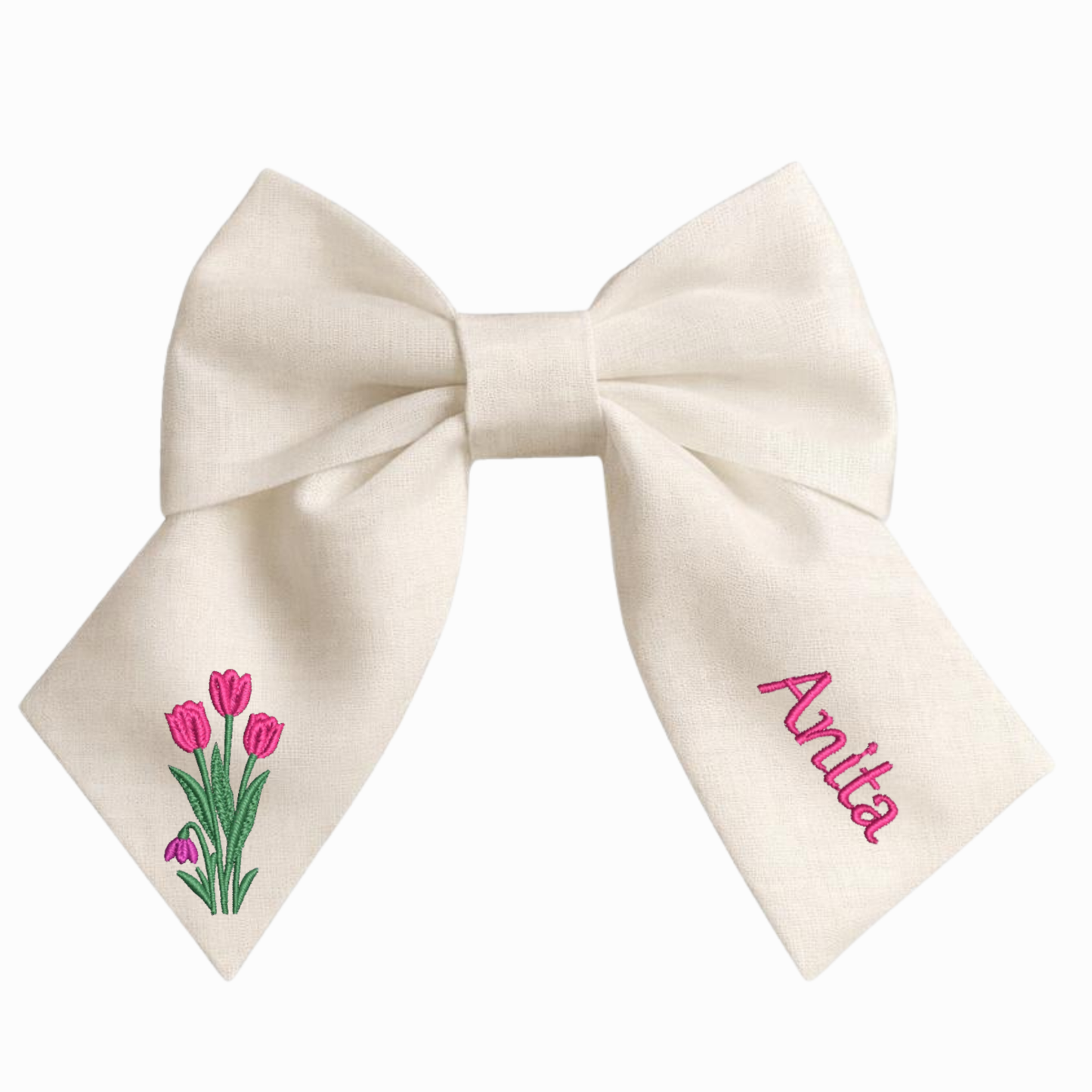 Personalised linen bow with embroidered customer name