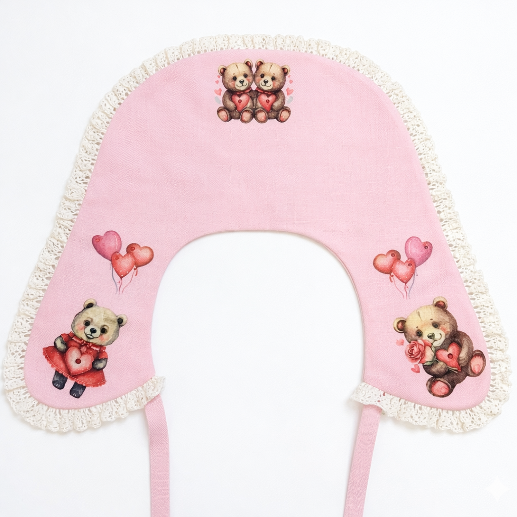 Colletto decorativo in lino per bambina con pizzo e stampa “Orsetti”. San Valentino | Decorative collar
