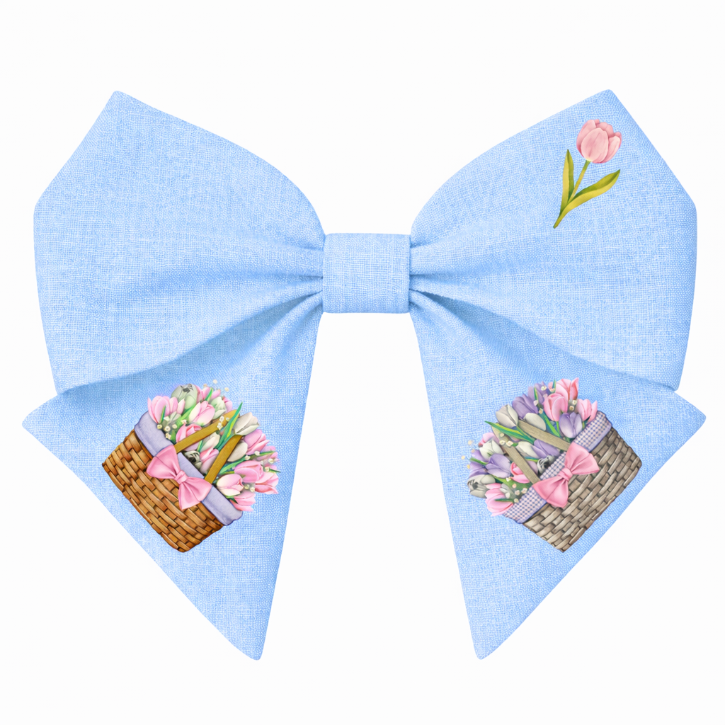 Fiocco per capelli in lino bambina – azzurro con tulipani e cesti floreali