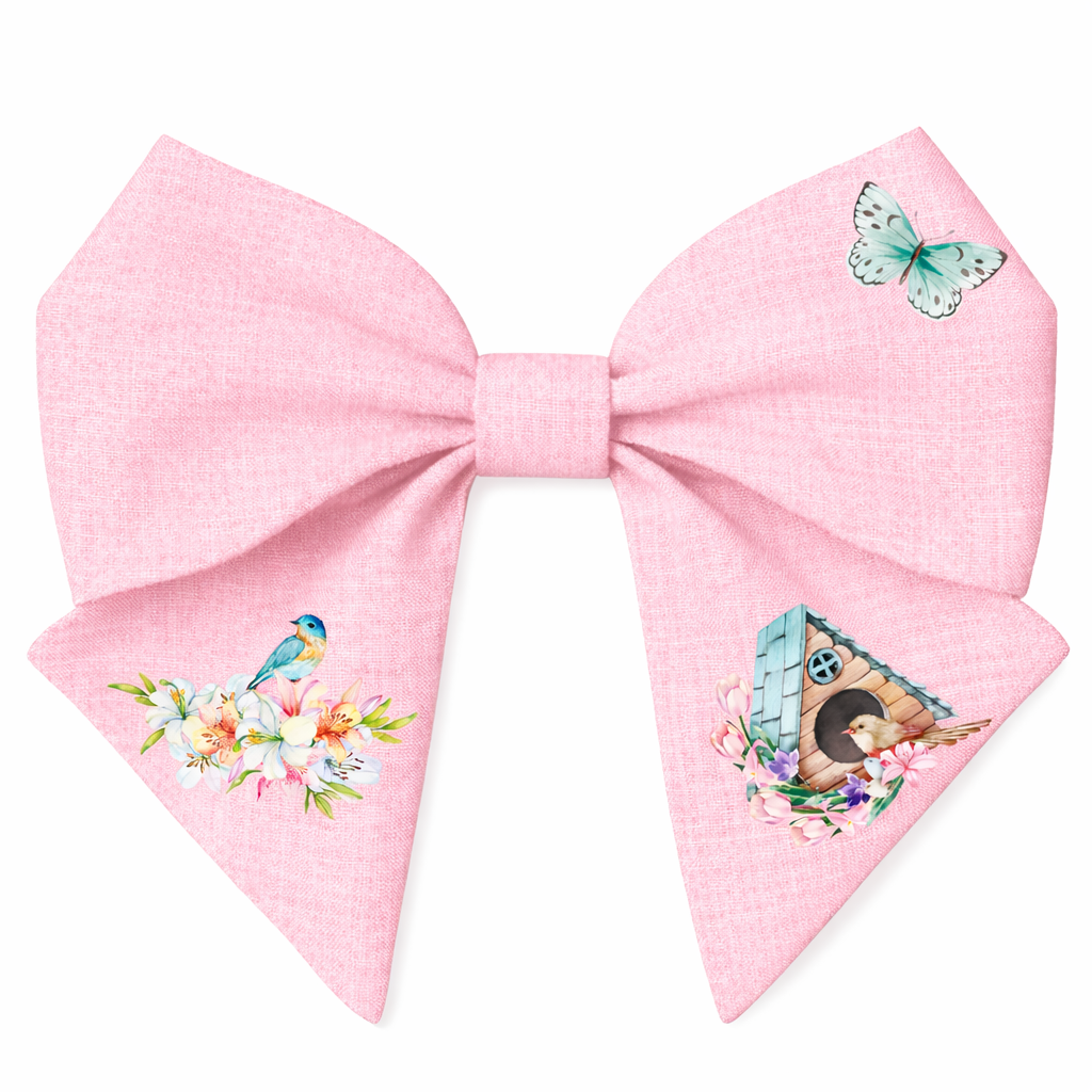 Fiocco per capelli in lino bambina – rosa con uccellino