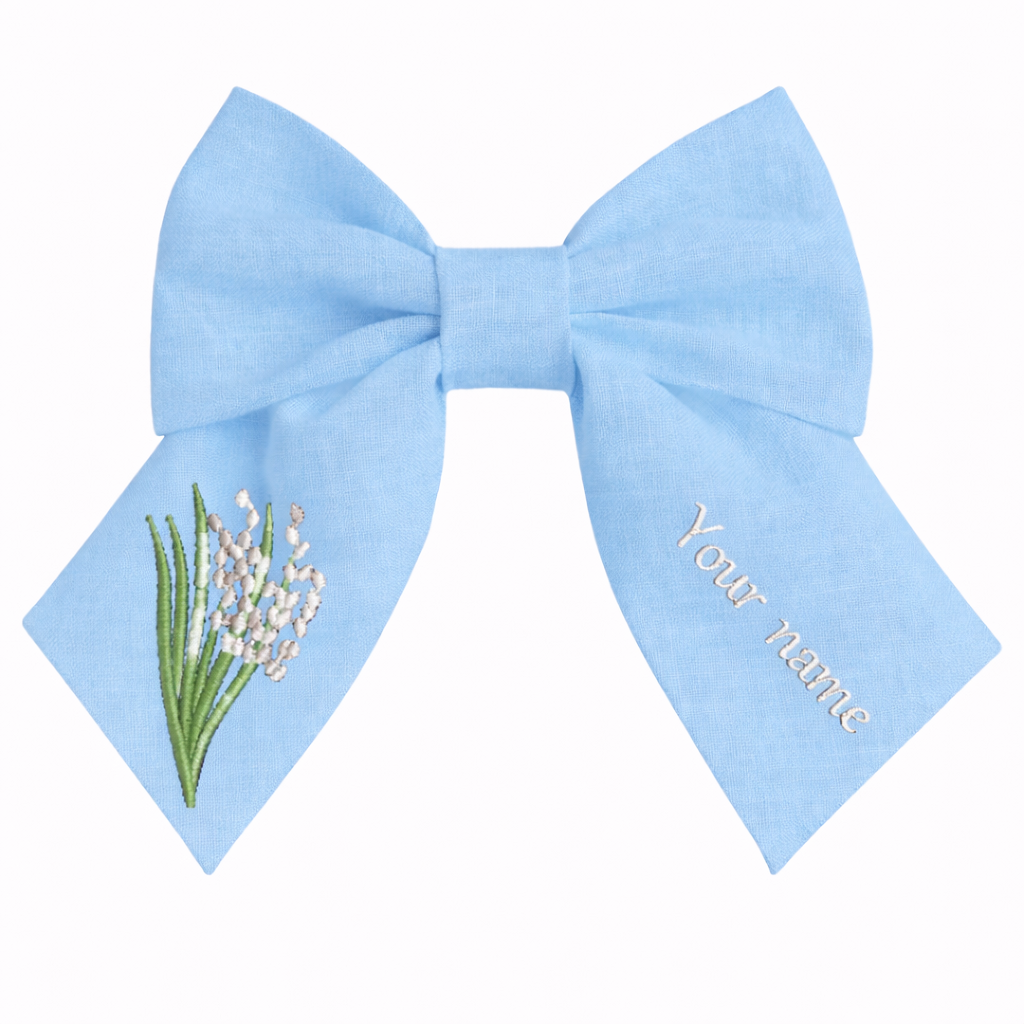 Personalised linen bow with embroidered customer name