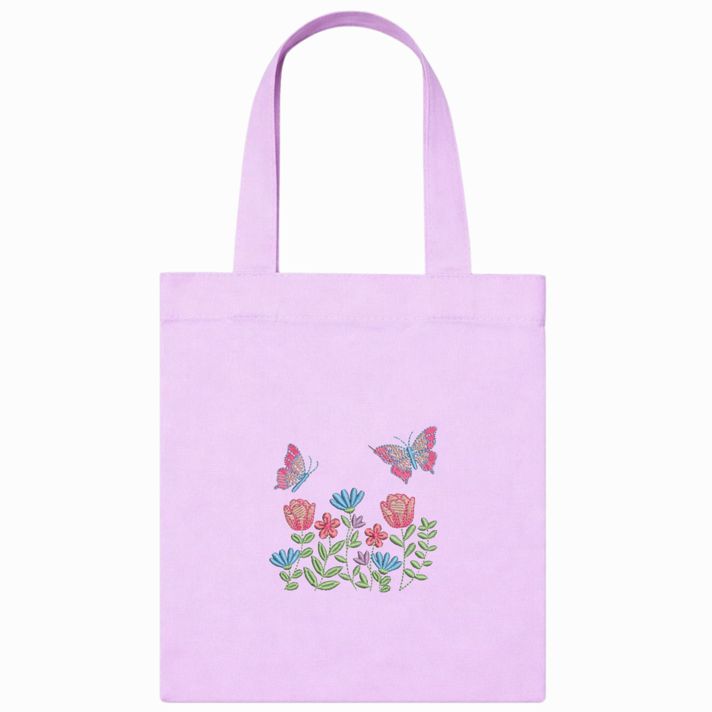 Shopper in canvas rosa con ricamo floreale e farfalle – borsa artigianale VIADALINNO