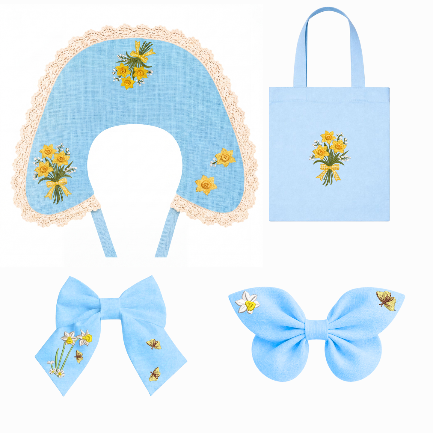 Komplettes Set für Mädchen aus Naturleinen – bestickter Kragen, Shopper und 2 Schleifen mit Sonnenblumen, handgefertigt in Italien