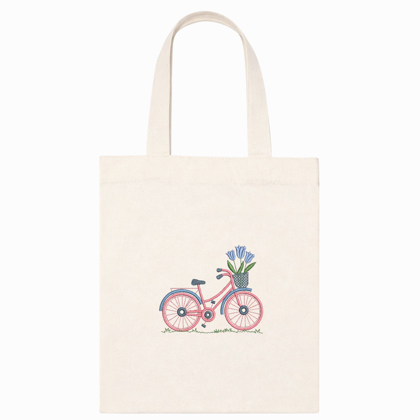 Canvas-Einkaufstasche mit handgesticktem Fahrrad- und Tulpenmuster, handgefertigt in Italien