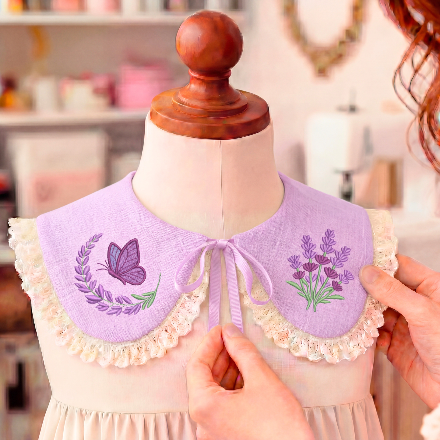 Bestickter Leinenkragen für Mädchen – Lavendel und Schmetterling