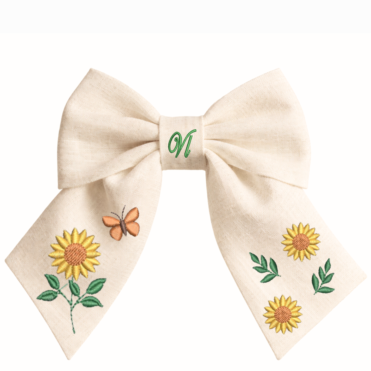 Fiocco per capelli in lino con ricamo girasoli – Fiocco fatto a mano per bambina