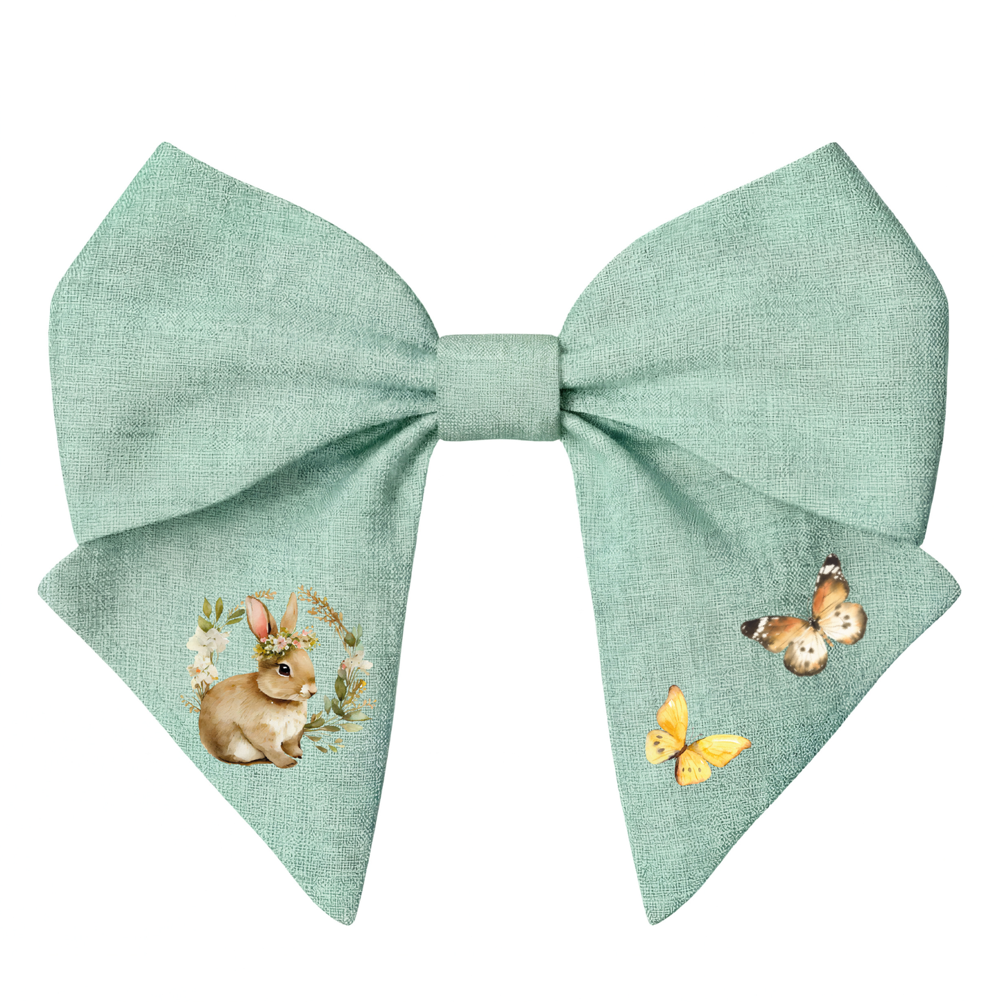 Sage green linen hair bow with bunny and butterflies