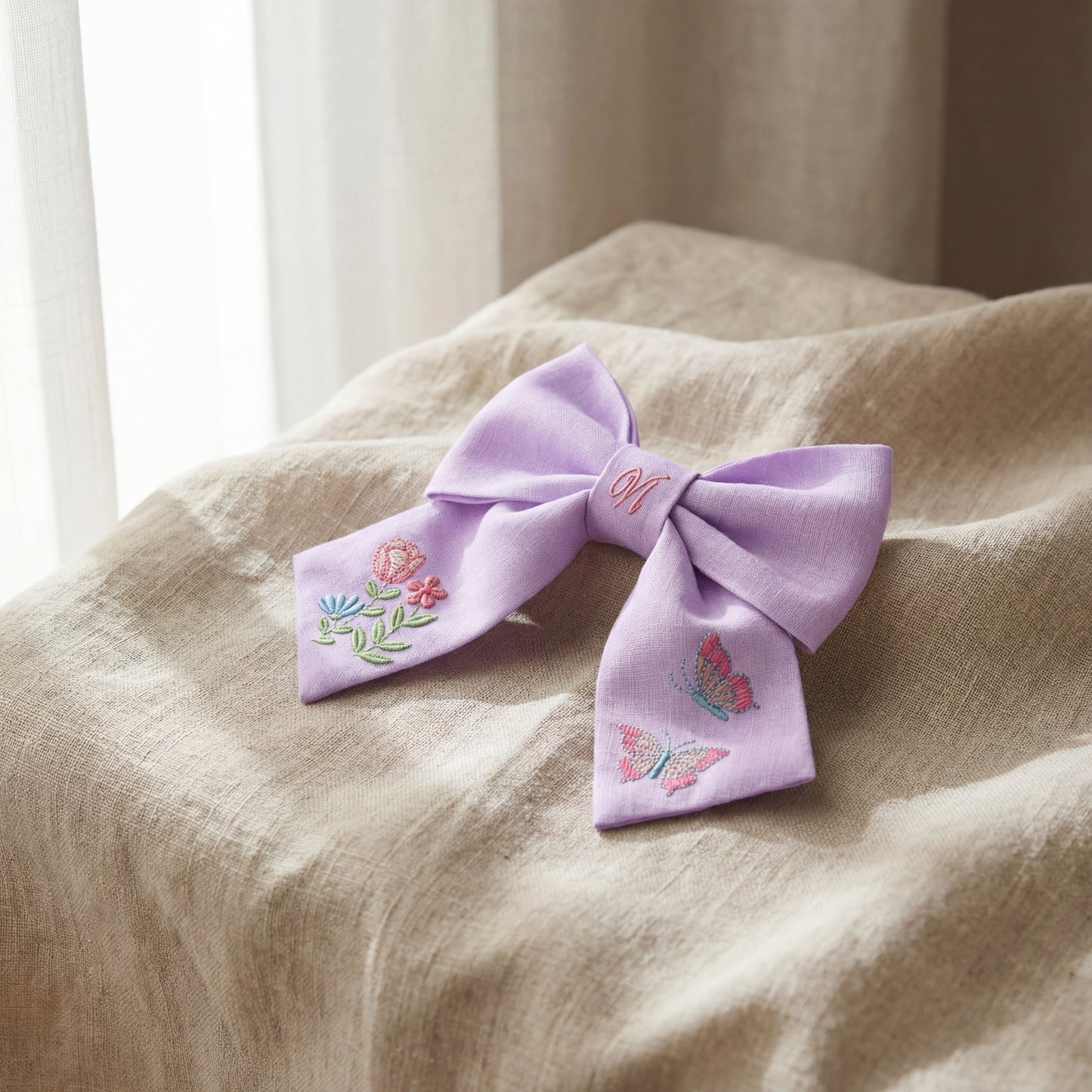 Haarschleife aus Leinen mit Stickerei – Handgemachte Schleife für Mädchen, florales Design und Schmetterlinge