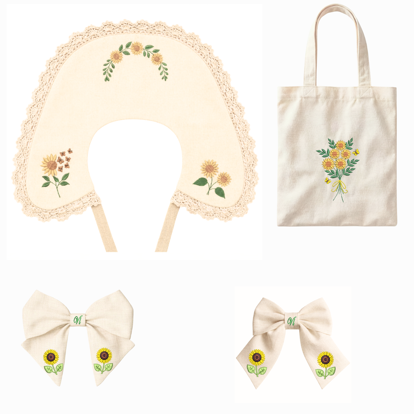 Natural linen coordinated set for girls – Embroidered collar, shopper bag and 2 sunflower bows, handmade in Italy