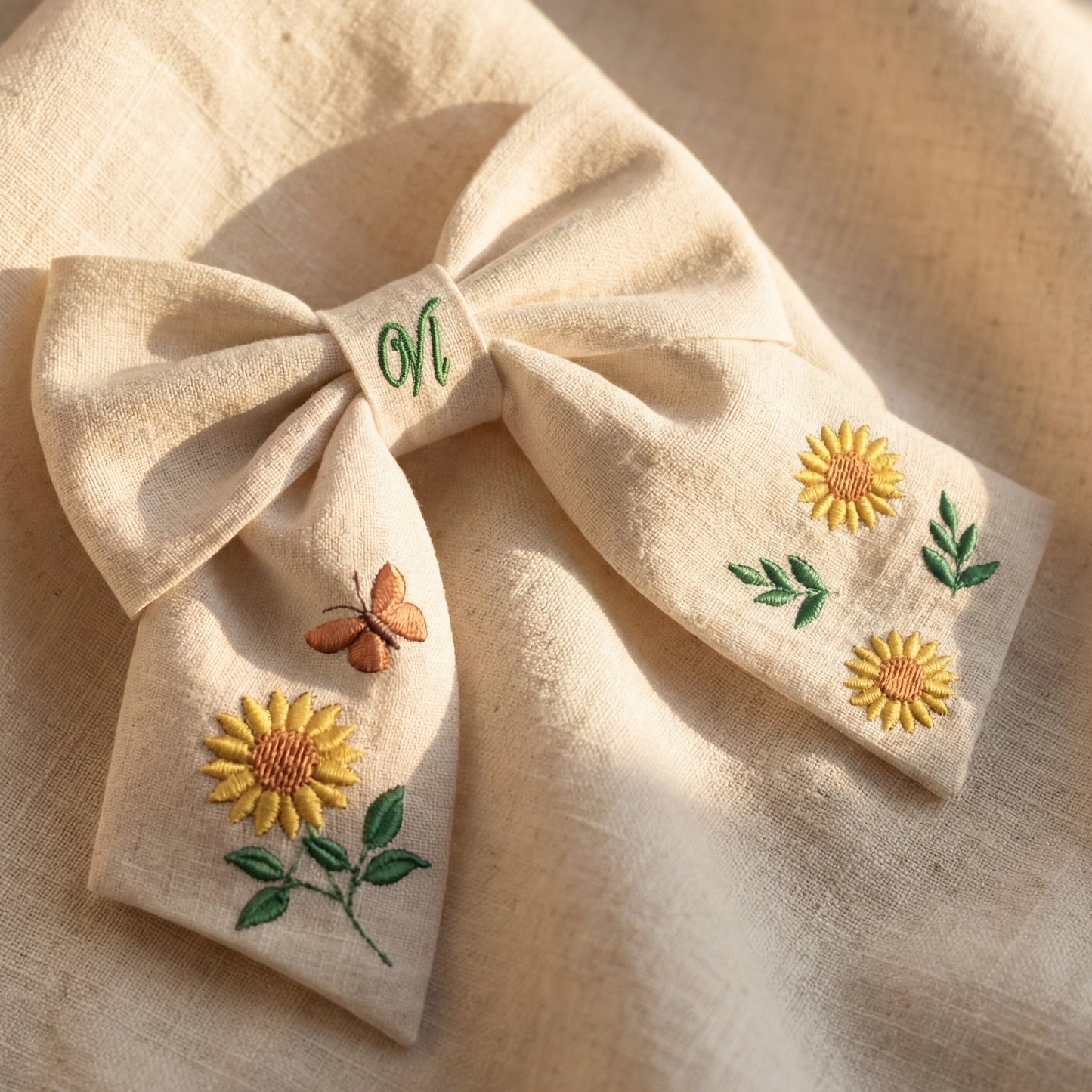 Fiocco per capelli in lino con ricamo girasoli – Fiocco fatto a mano per bambina