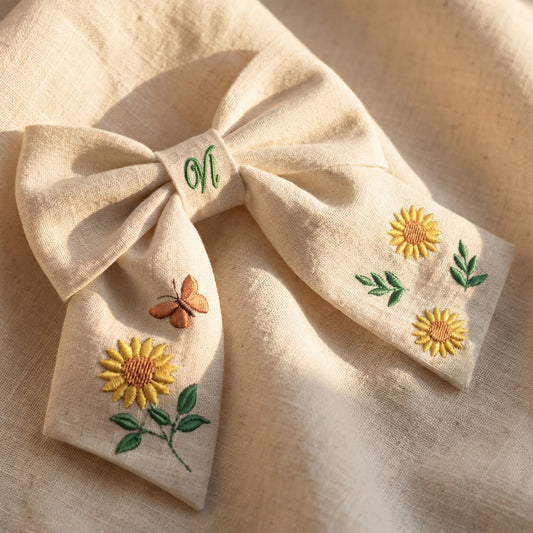 Haarschleife aus Leinen mit Sonnenblumenstickerei – Handgemachte Schleife für Mädchen