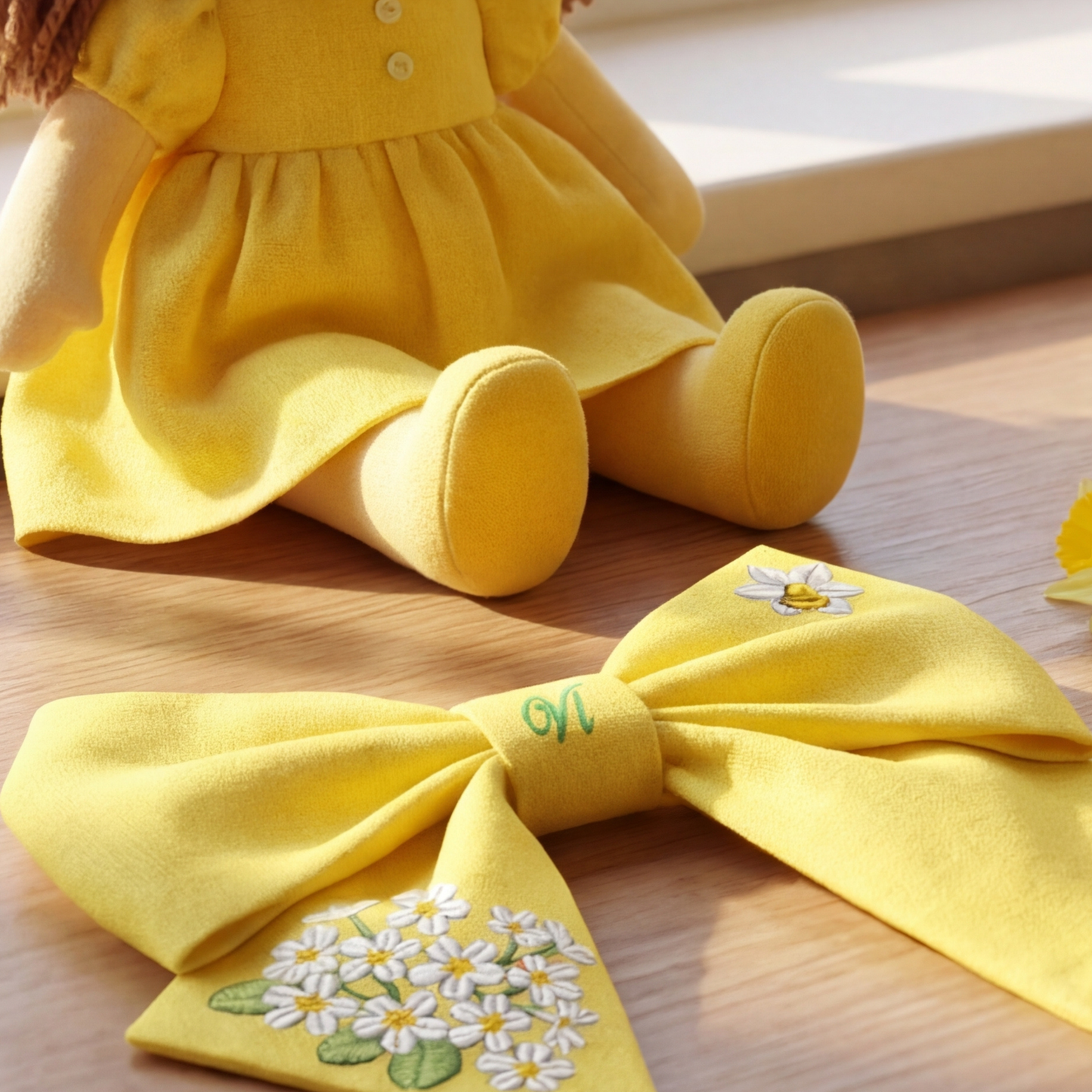 Yellow Linen Hair Bow with Floral Embroidery – Handmade