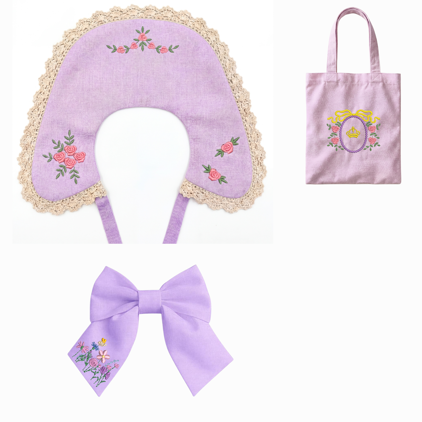 Set coordinato lilla in lino colletto, fiocco e shopper ricamati