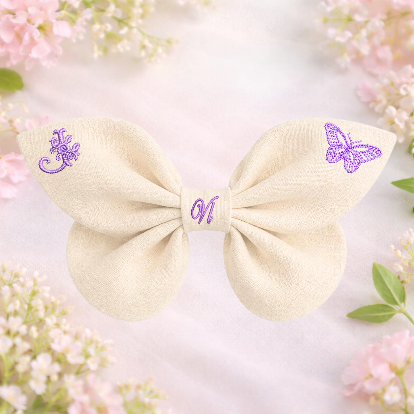 Linen bow with butterfly embroidery and monogram A, B, C ... Z. Spring 