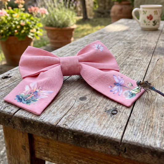 Fiocco per Capelli in Lino Rosa per Bambine Fatto a Mano con Stampa Fiabesca, VIADALINNO