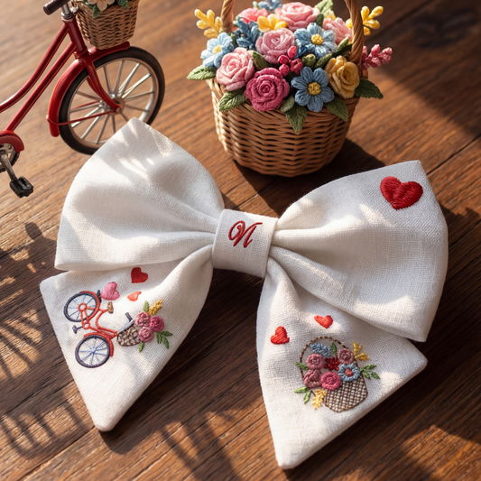 Linen bow with "Bicycle and Flowers" embroidery. Valentine's Day Collection