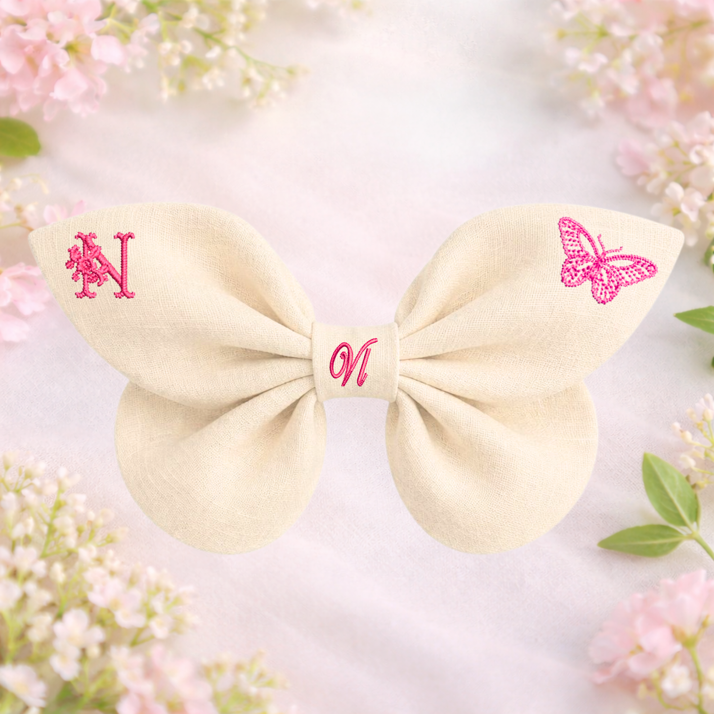 Linen bow with butterfly embroidery and monogram A, B, C ... Z. Spring 