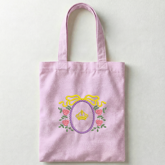 Lilac canvas shopper with floral and crown embroidery