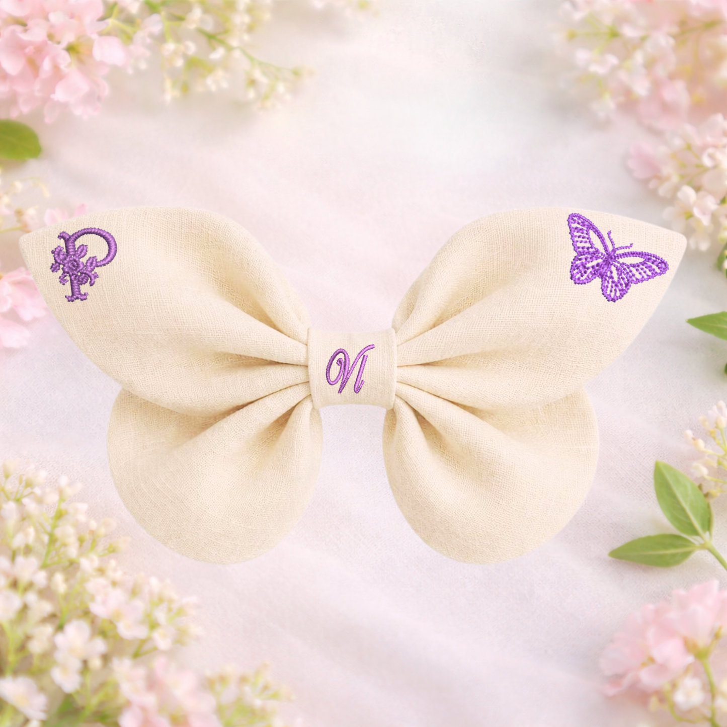 Linen bow with butterfly embroidery and monogram A, B, C ... Z. Spring 