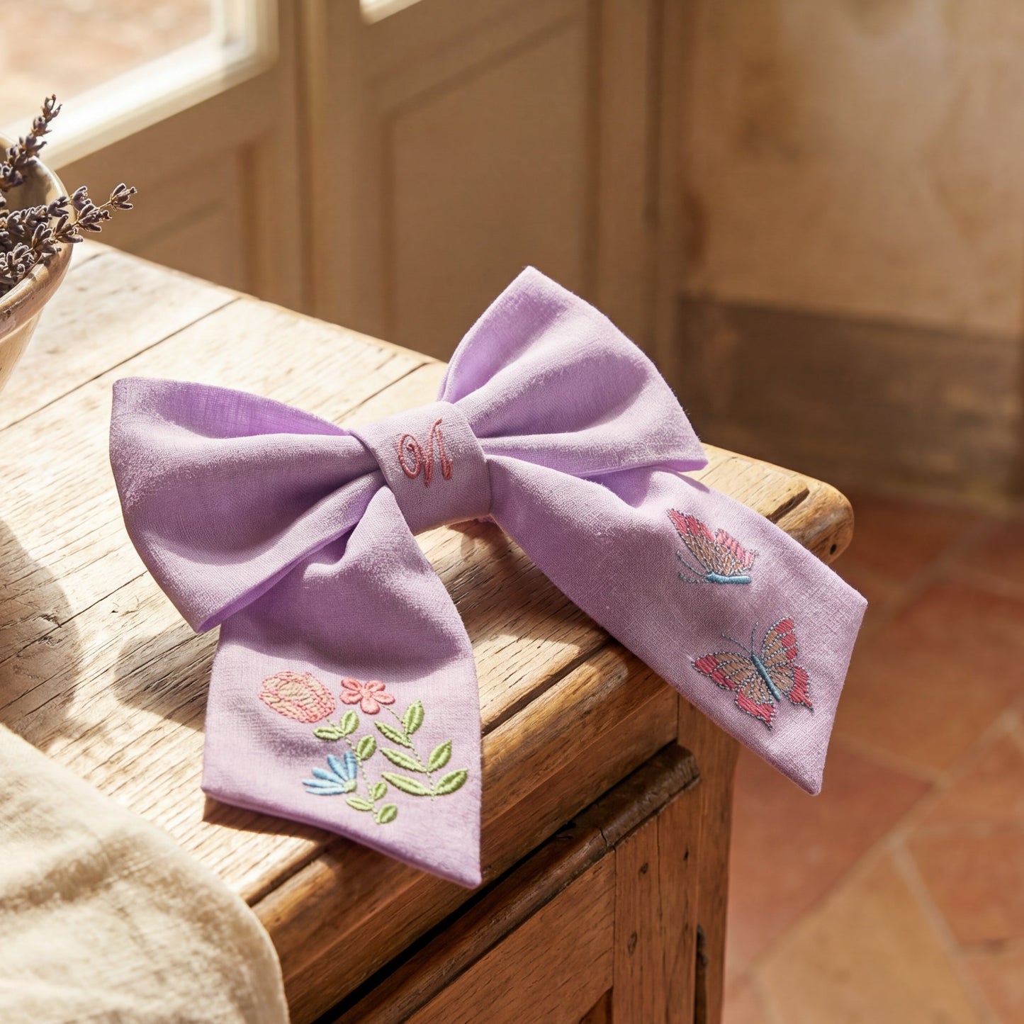 Haarschleife aus Leinen mit Stickerei – Handgemachte Schleife für Mädchen, florales Design und Schmetterlinge
