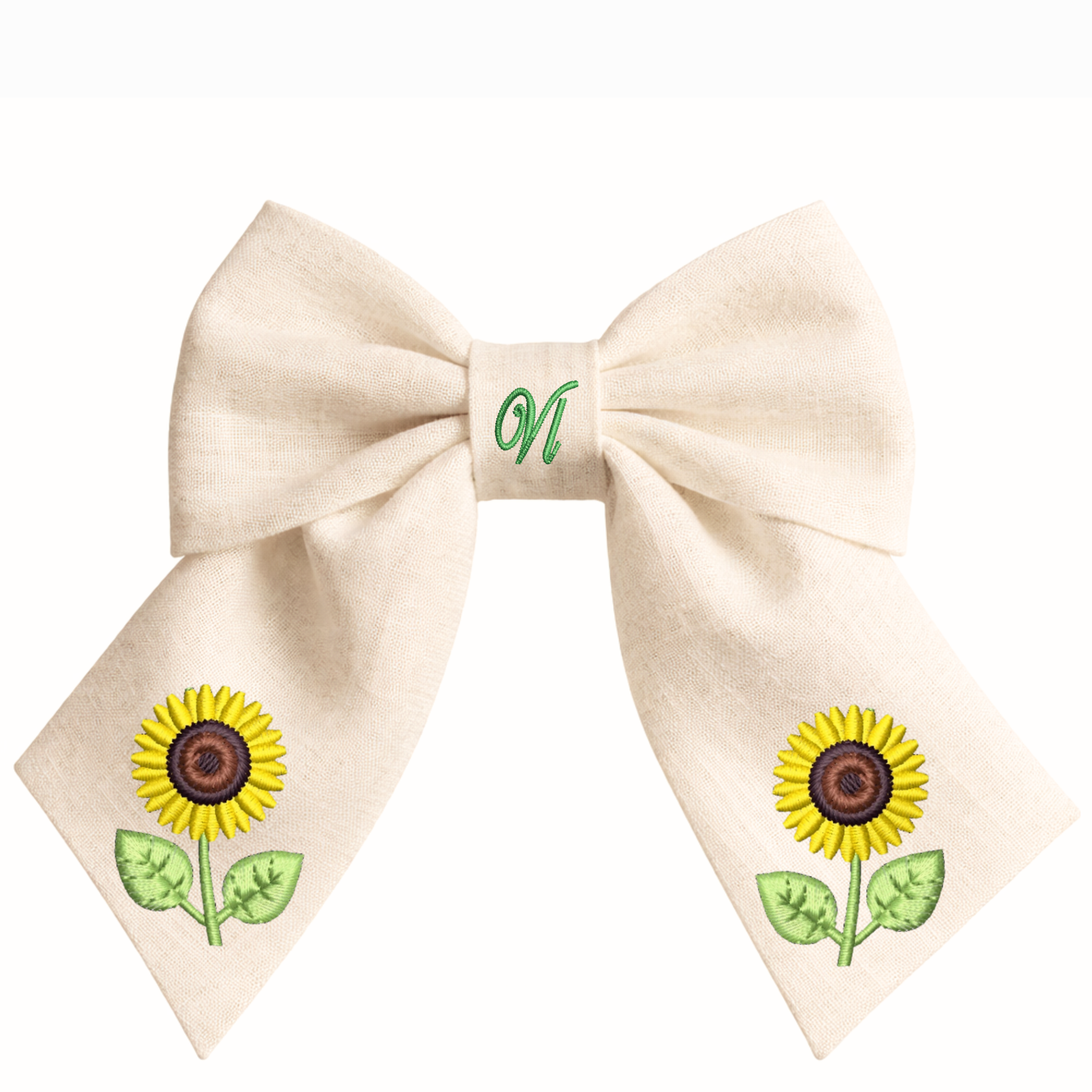Linen hair bow with sunflower embroidery
