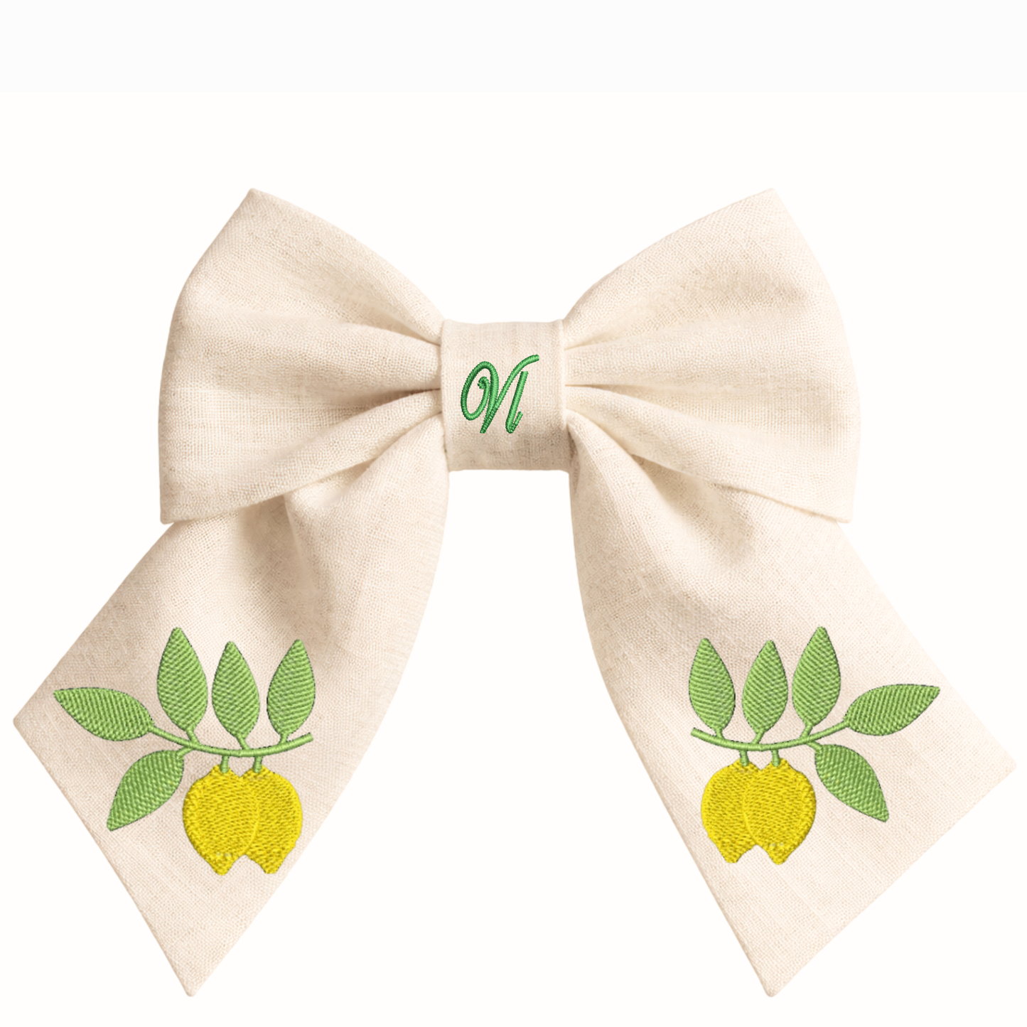 Linen hair bow with lemon embroidery