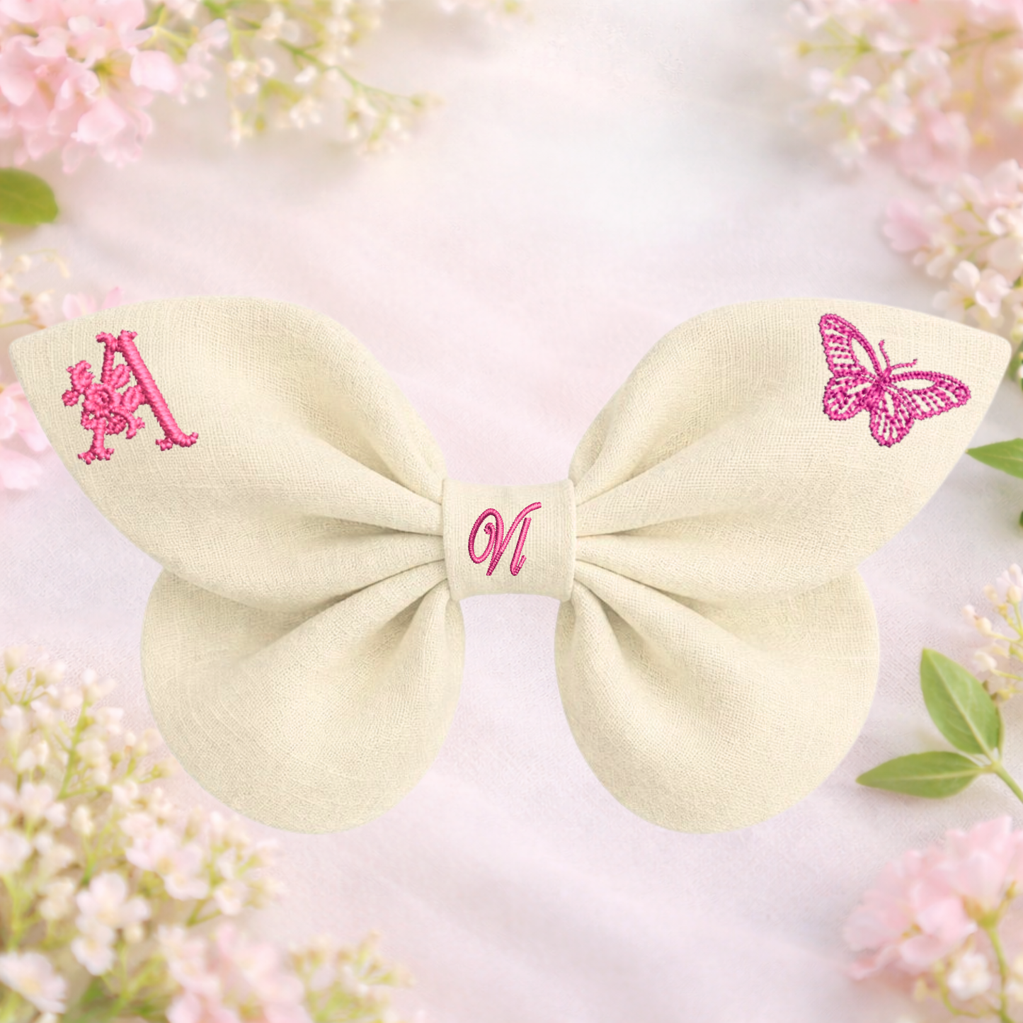 Linen bow with butterfly embroidery and monogram A, B, C ... Z. Spring 