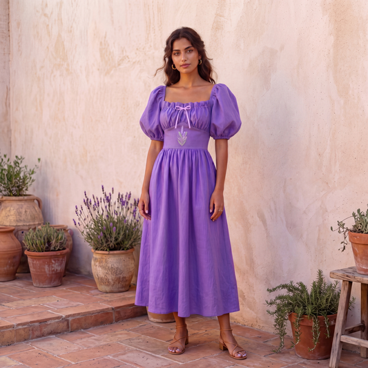 Abito in lino viola con ricamo floreale – stile cottagecore elegante