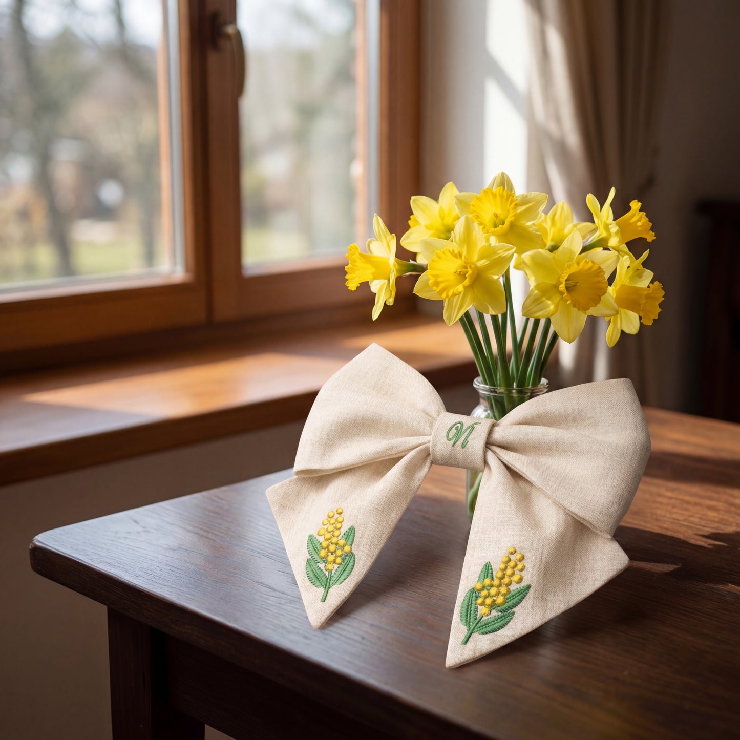 Linen hair bow with mimosa embroidery