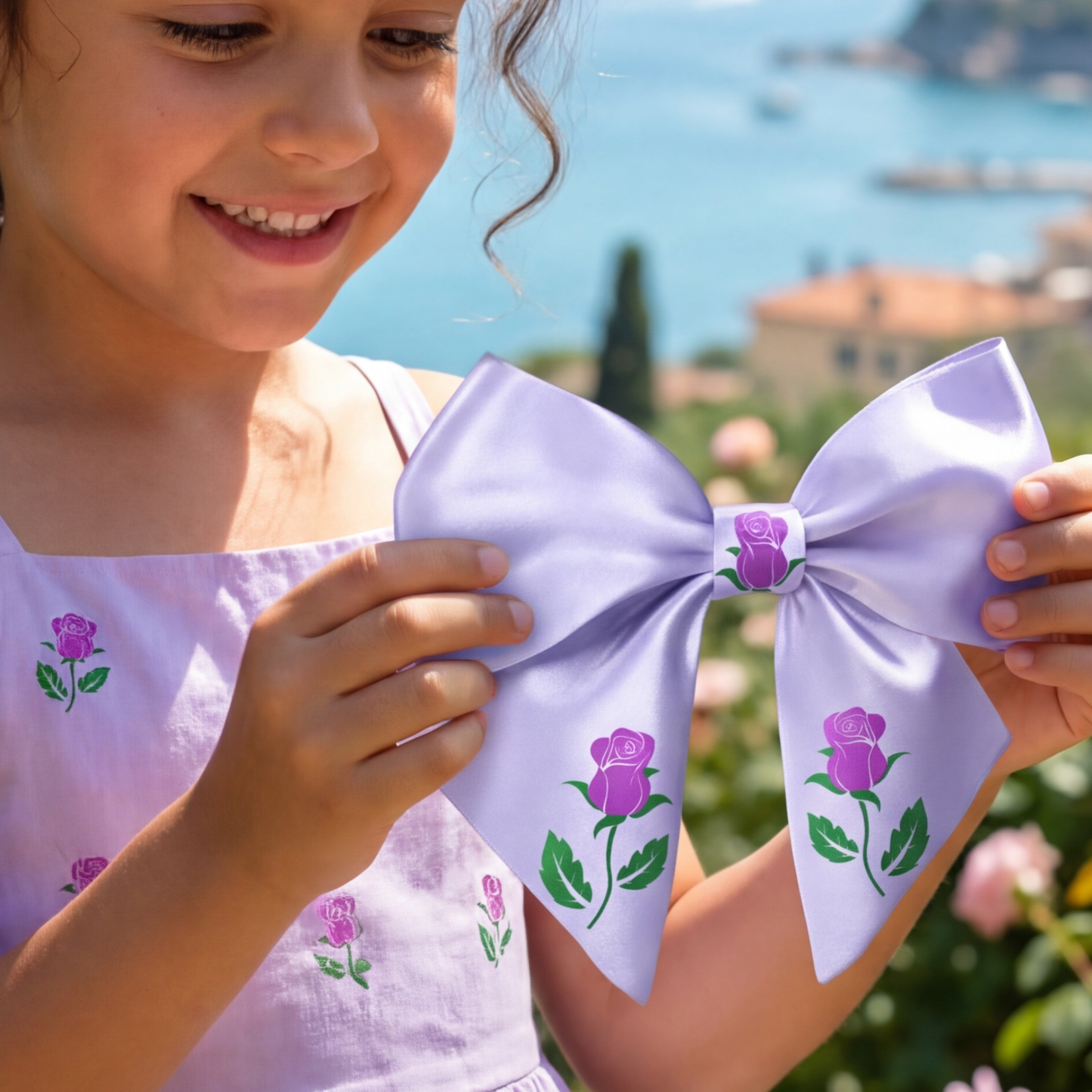 Fiocco per capelli VIADALINNO in seta artificiale con stampa a rose. Fiori