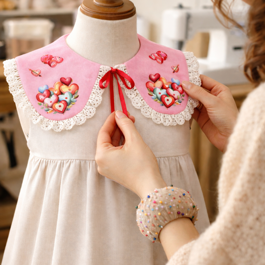 Colletto decorativo in lino per bambina con pizzo e stampa cuori. San Valentino| Decorative collar