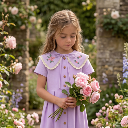 Colletto in lino lilla con ricamo di rose – fatto a mano