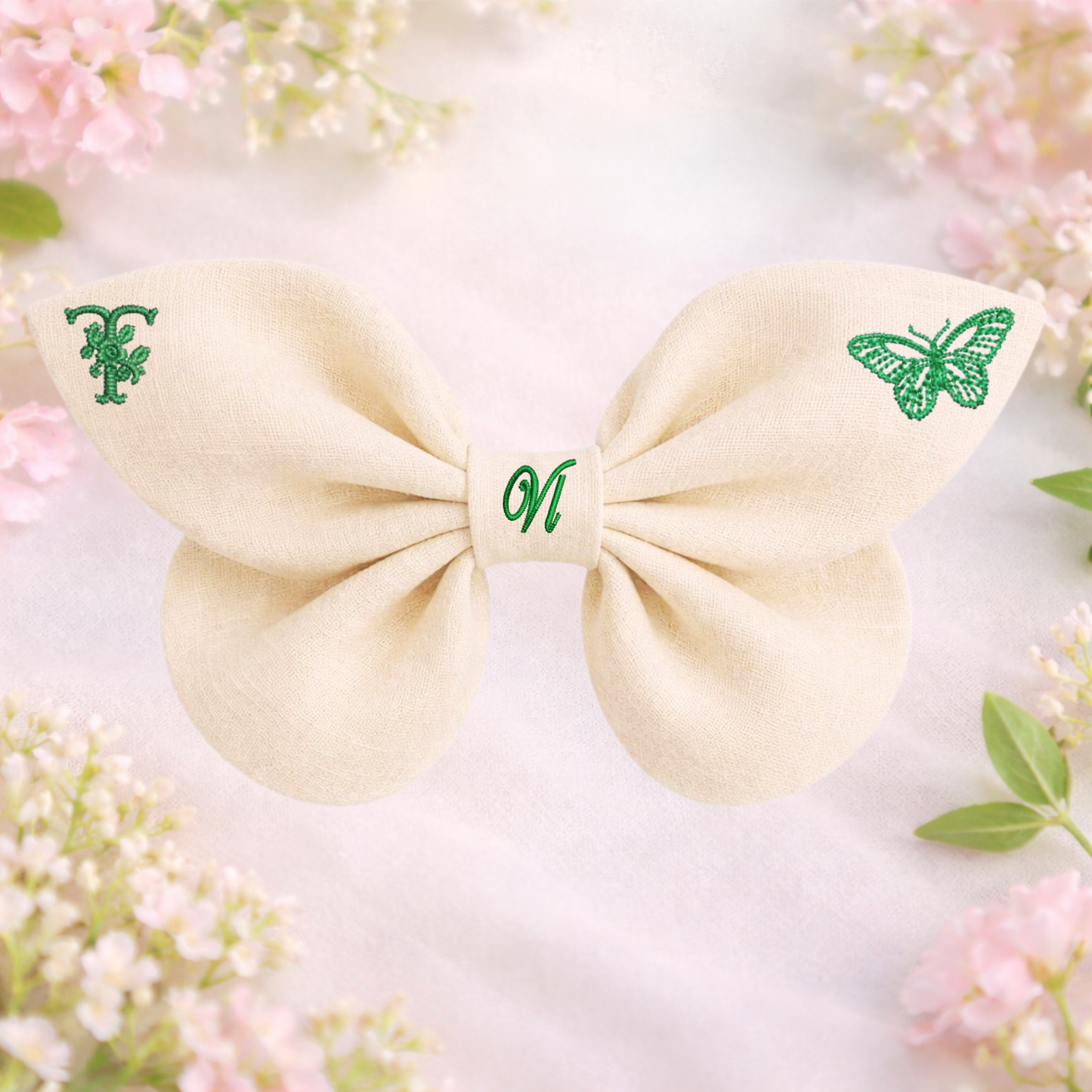 Linen bow with butterfly embroidery and monogram A, B, C ... Z. Spring 