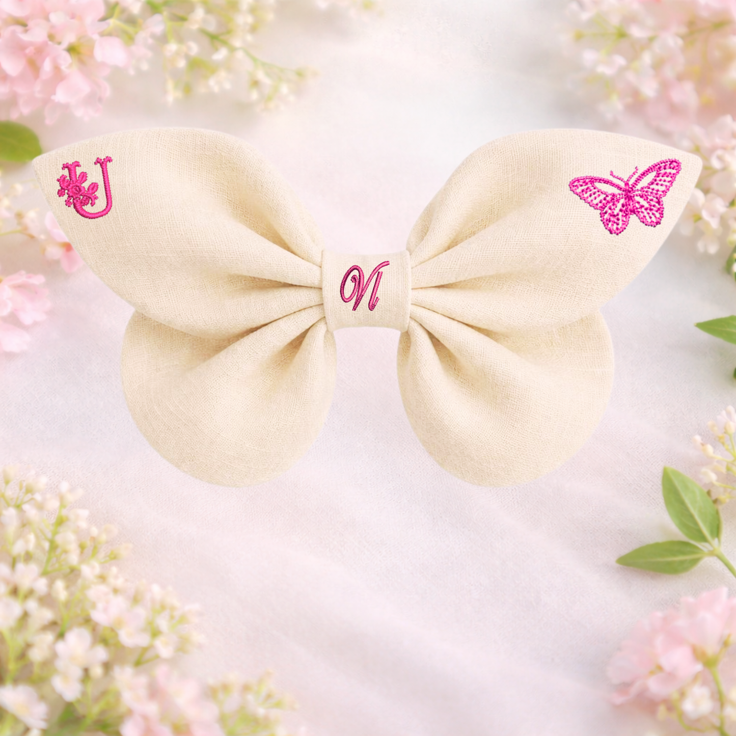 Linen bow with butterfly embroidery and monogram A, B, C ... Z. Spring 