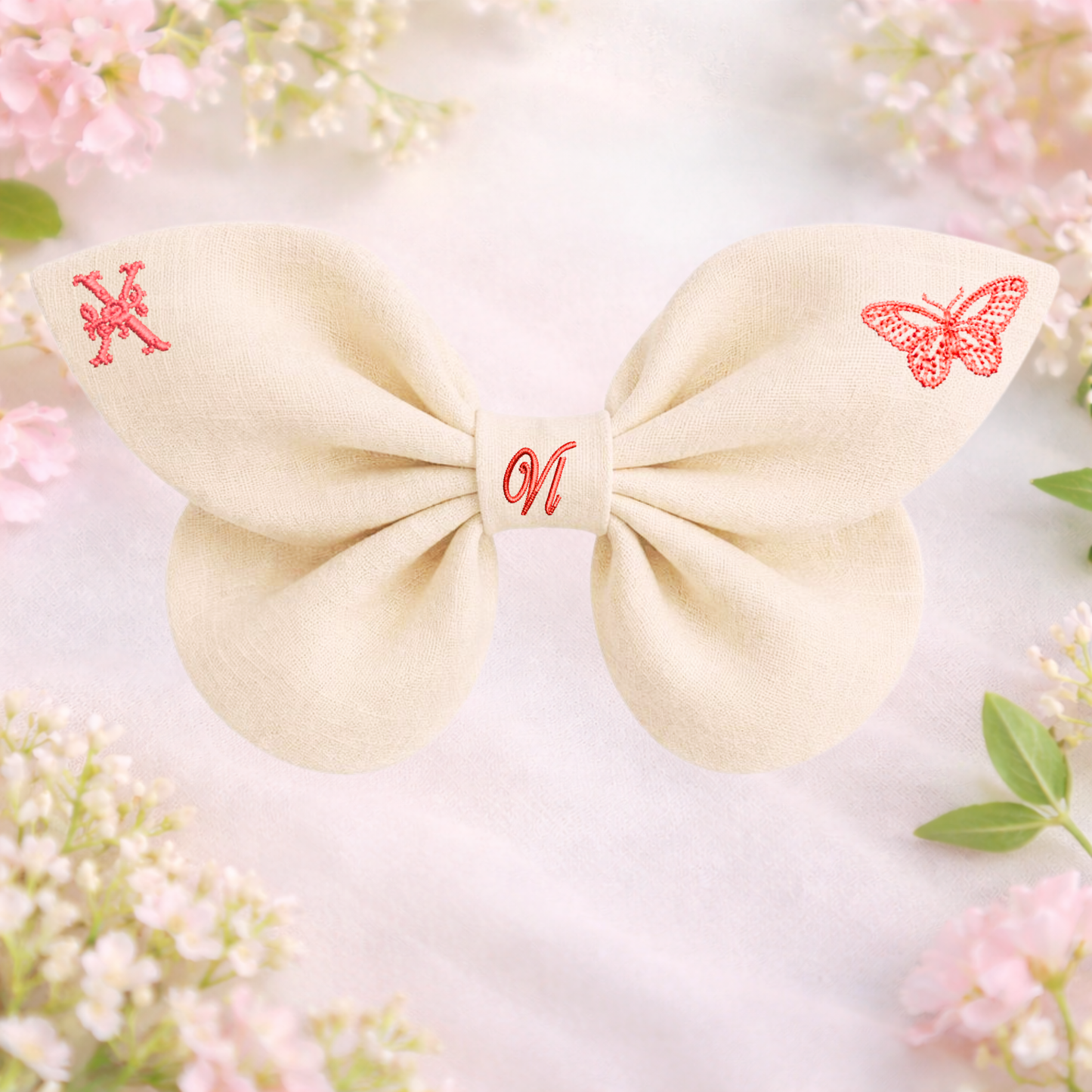 Linen bow with butterfly embroidery and monogram A, B, C ... Z. Spring 