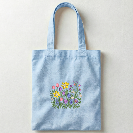 Light blue canvas shopper with floral embroidery – VIADALINNO handcrafted bag