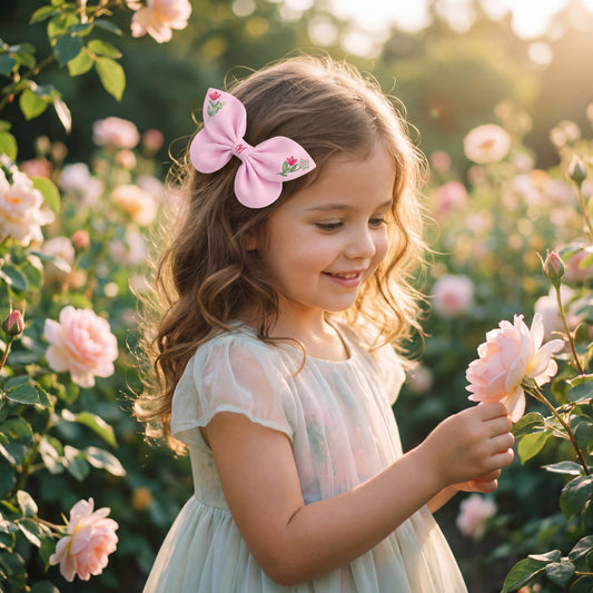 Blue linen bow with hummingbird and flower embroidery. Enchanted Flowers