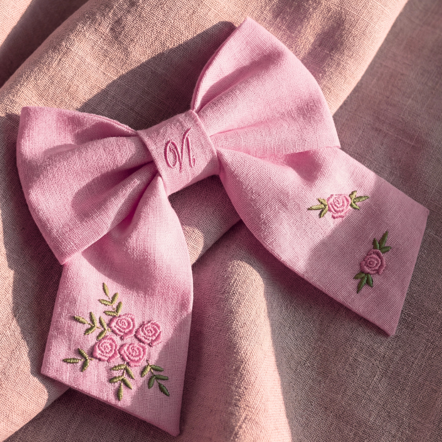 Fiocco per capelli in lino con ricamo rose – Fiocco fatto a mano per bambina, elegante