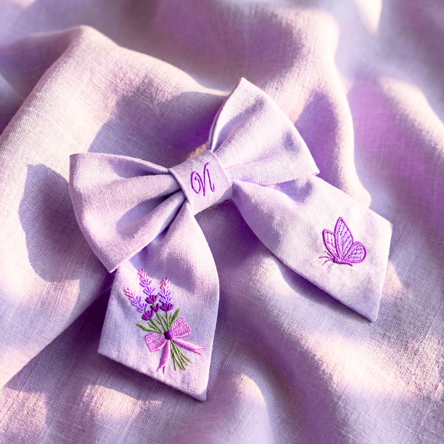 Fiocco per capelli in lino con ricamo lavanda – Fiocco fatto a mano per bambina, elegante