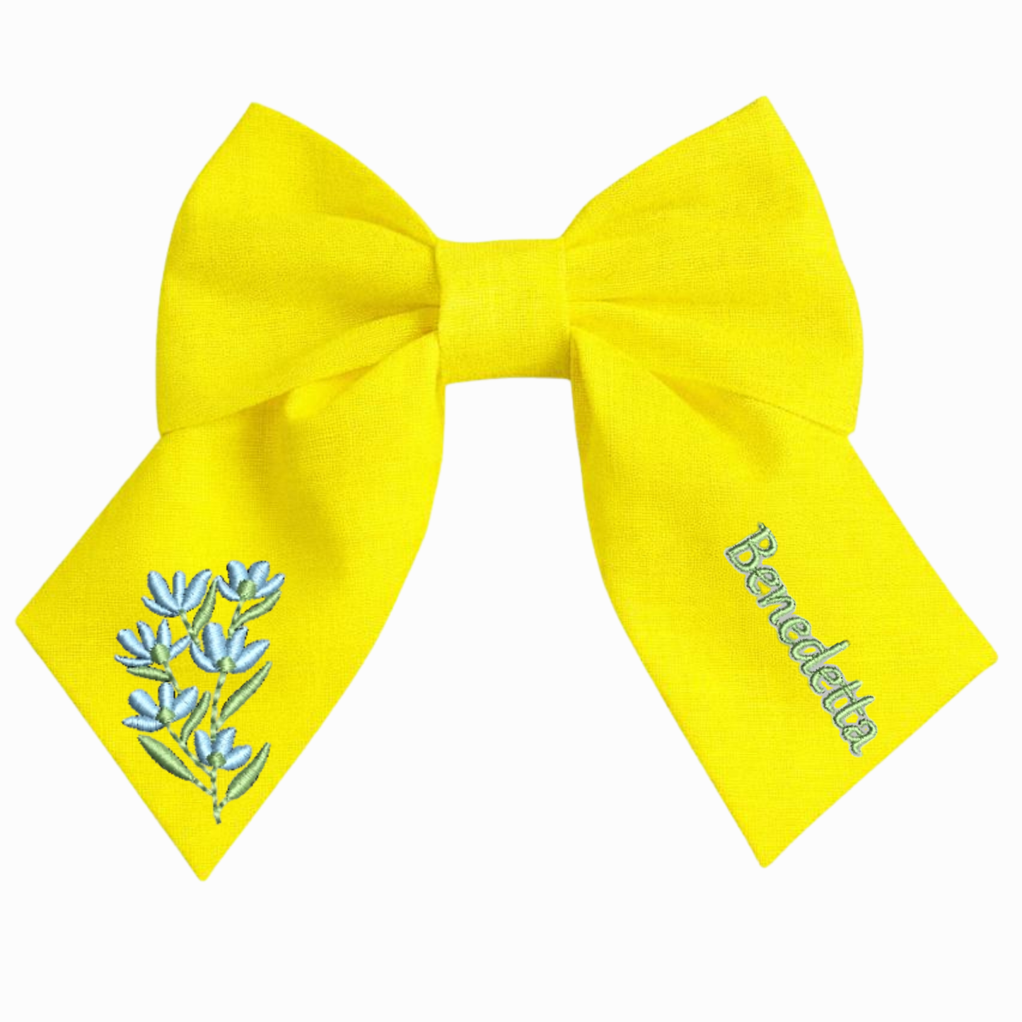 Personalised linen bow with embroidered customer name