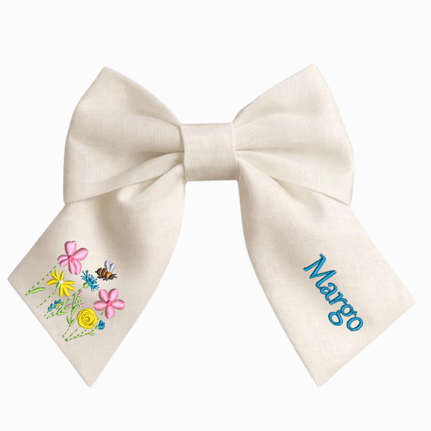 Personalised linen bow with embroidered customer name