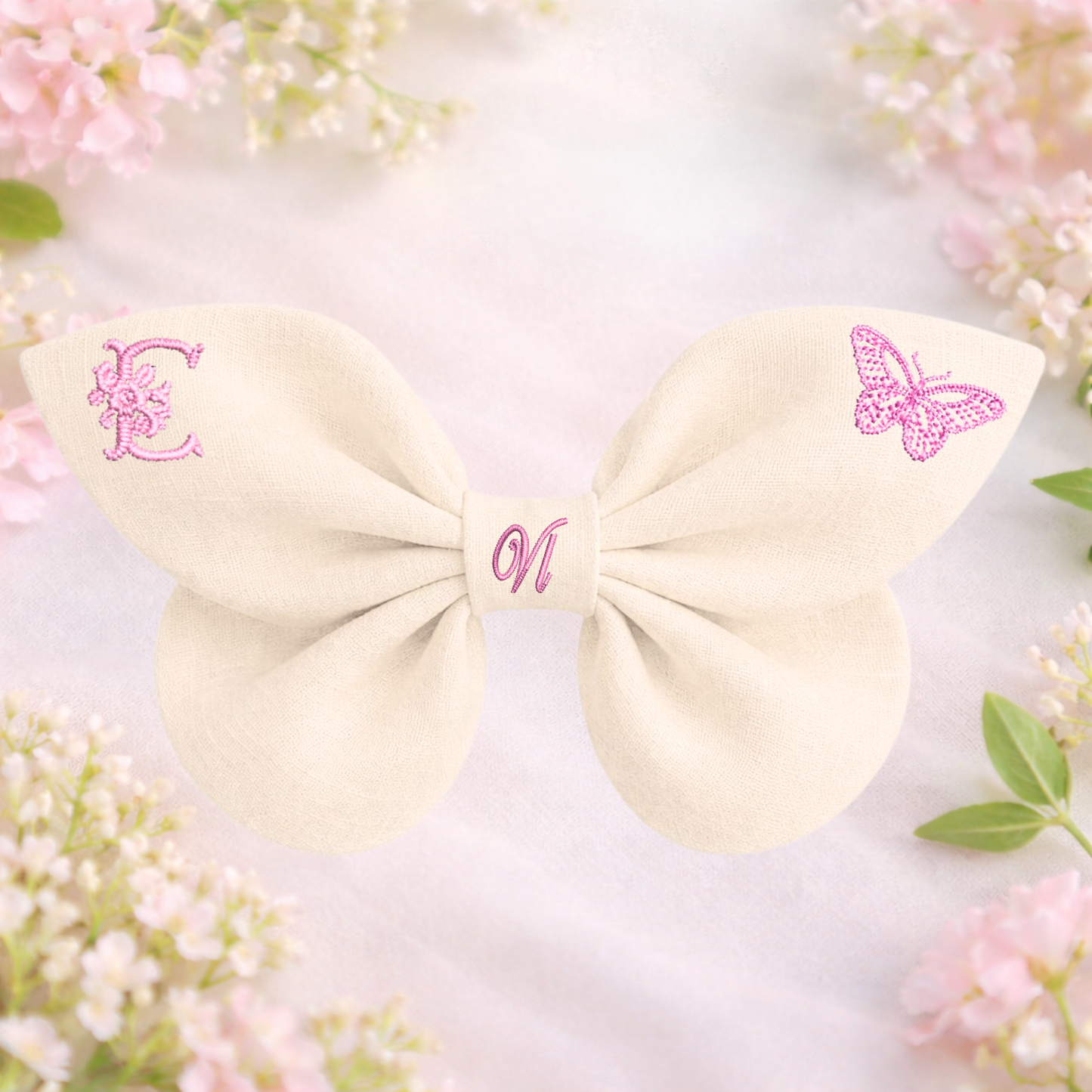 Linen bow with butterfly embroidery and monogram A, B, C ... Z. Spring 
