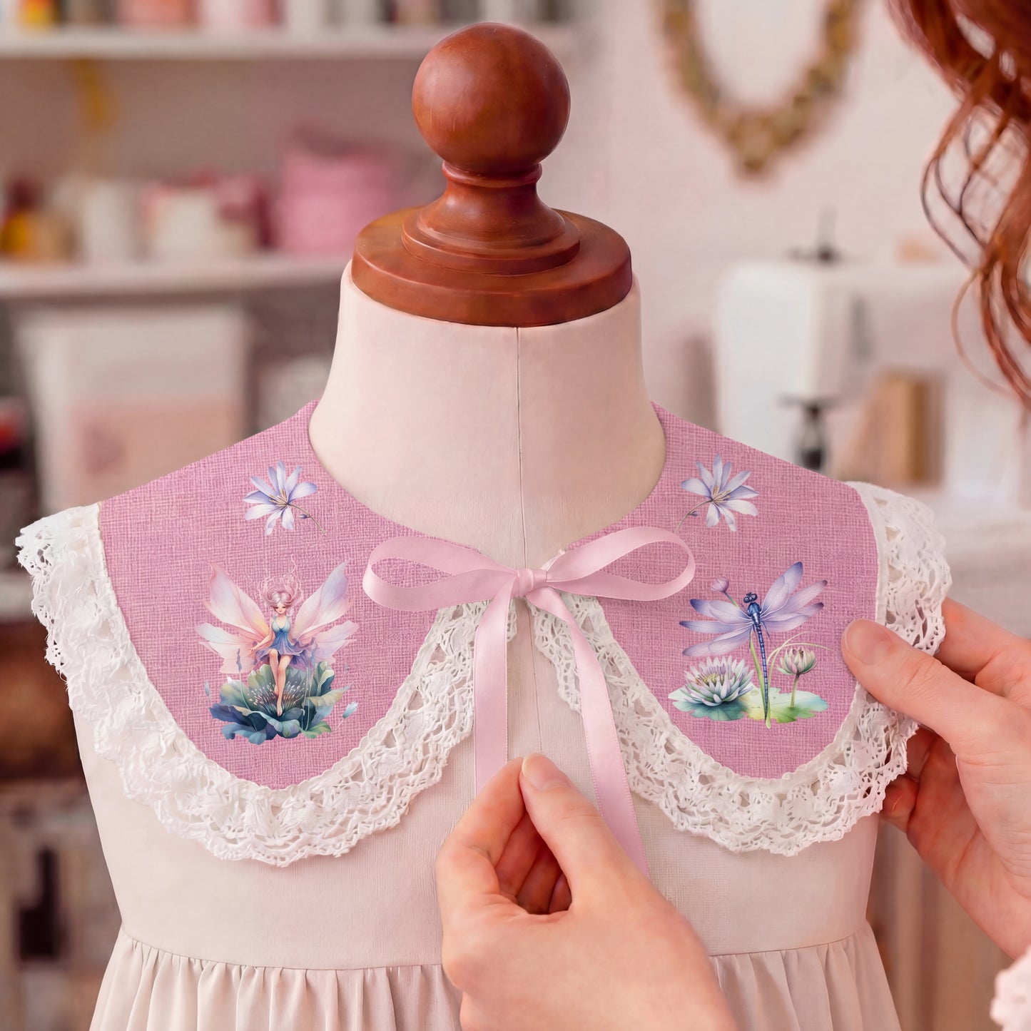 Peter-Pan-Kragen aus rosa Leinen mit Blumen- und Märchenprint – handgefertigt