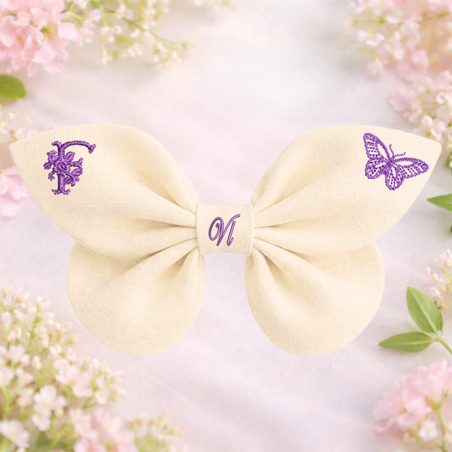 Linen bow with butterfly embroidery and monogram A, B, C ... Z. Spring 