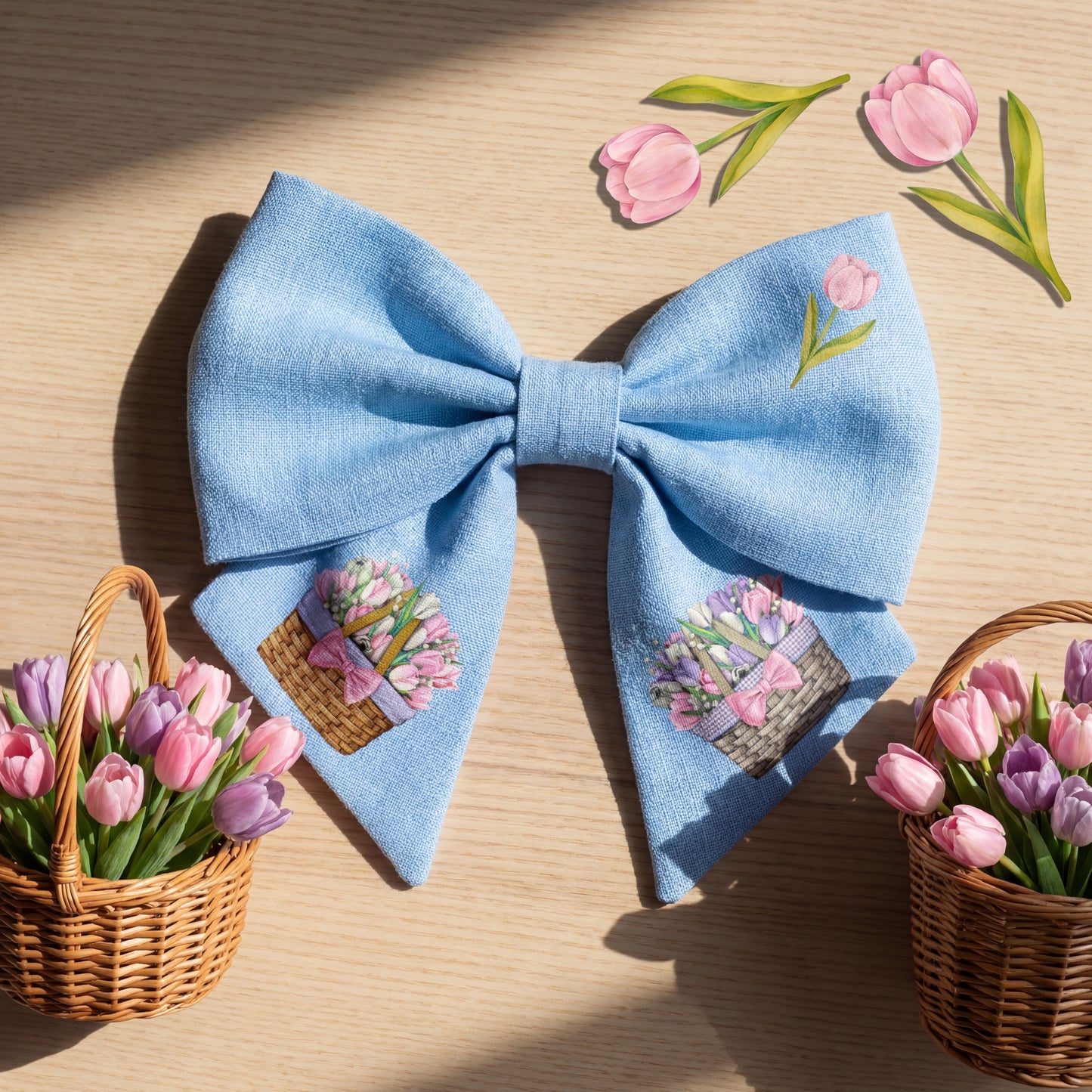 Fiocco per capelli in lino bambina – azzurro con tulipani e cesti floreali