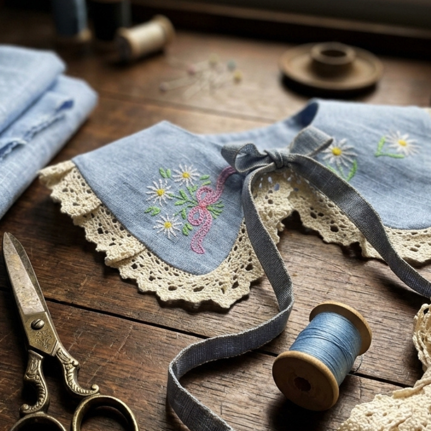 Cottagecore and Tuscan Style Embroidered Linen Collar, Peter Pan Lace Collar, Delicate Accessory for Girls' Dresses and Shirts