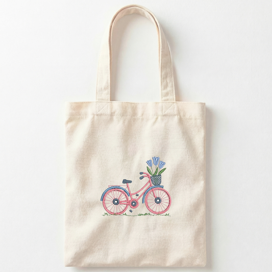 Canvas Shopper Bag with Embroidered Bicycle and Tulips – Handmade in Italy