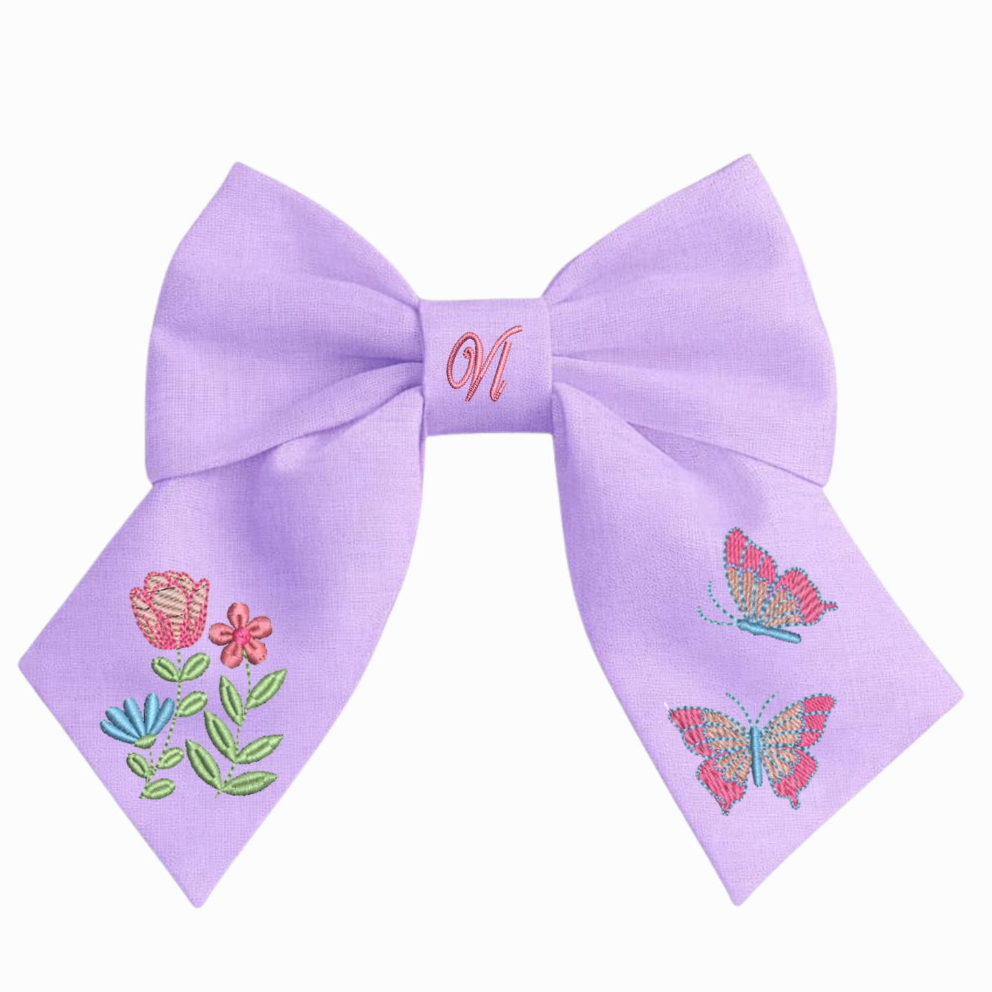 Haarschleife aus Leinen mit Stickerei – Handgemachte Schleife für Mädchen, florales Design und Schmetterlinge