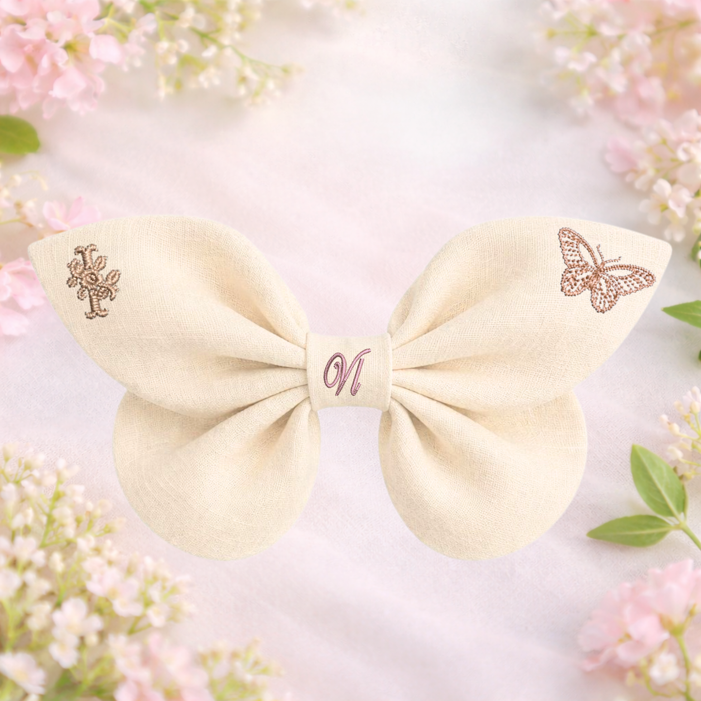 Linen bow with butterfly embroidery and monogram A, B, C ... Z. Spring 